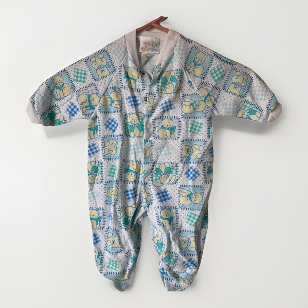 Vintage Little Goose One Piece Footed Sleeper Pajamas Gingham 0-13 Lbs Newborn